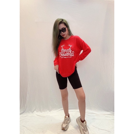 Áo sweater dài tay đỏ len dệt kim in Merry Christmas vnxk