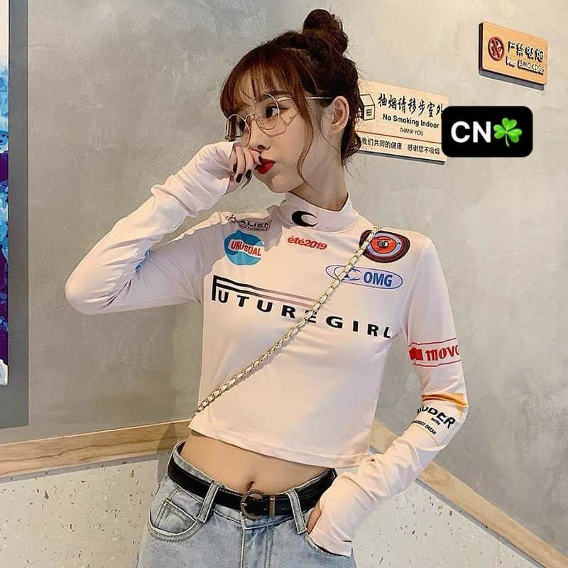 Áo thun nữ ray dài xỏ ngón cổ lọ form ôm body in hình trắng đen độc lạ