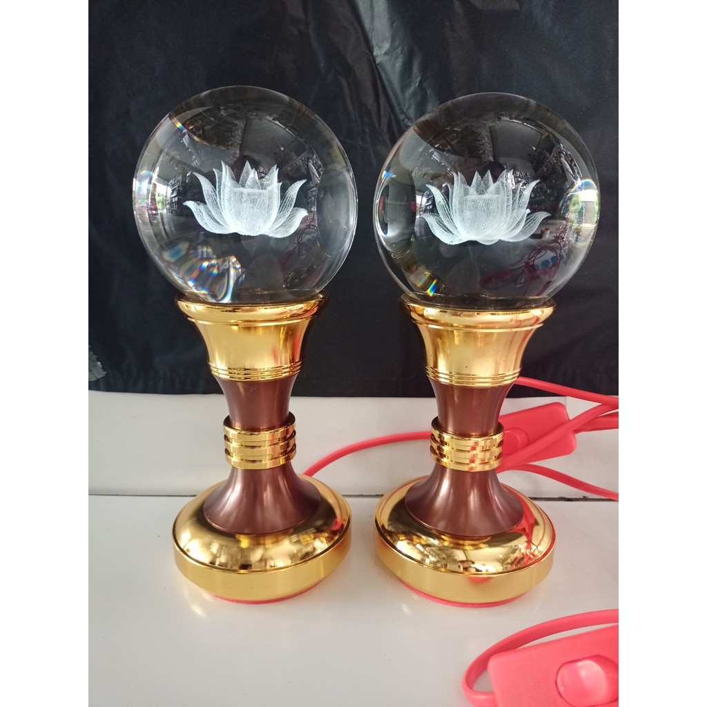Đèn cầu sen pha lê, đôi đèn led bàn thờ sen pha lê thủy tinh đổi màu ba chức năng cao 19 cm