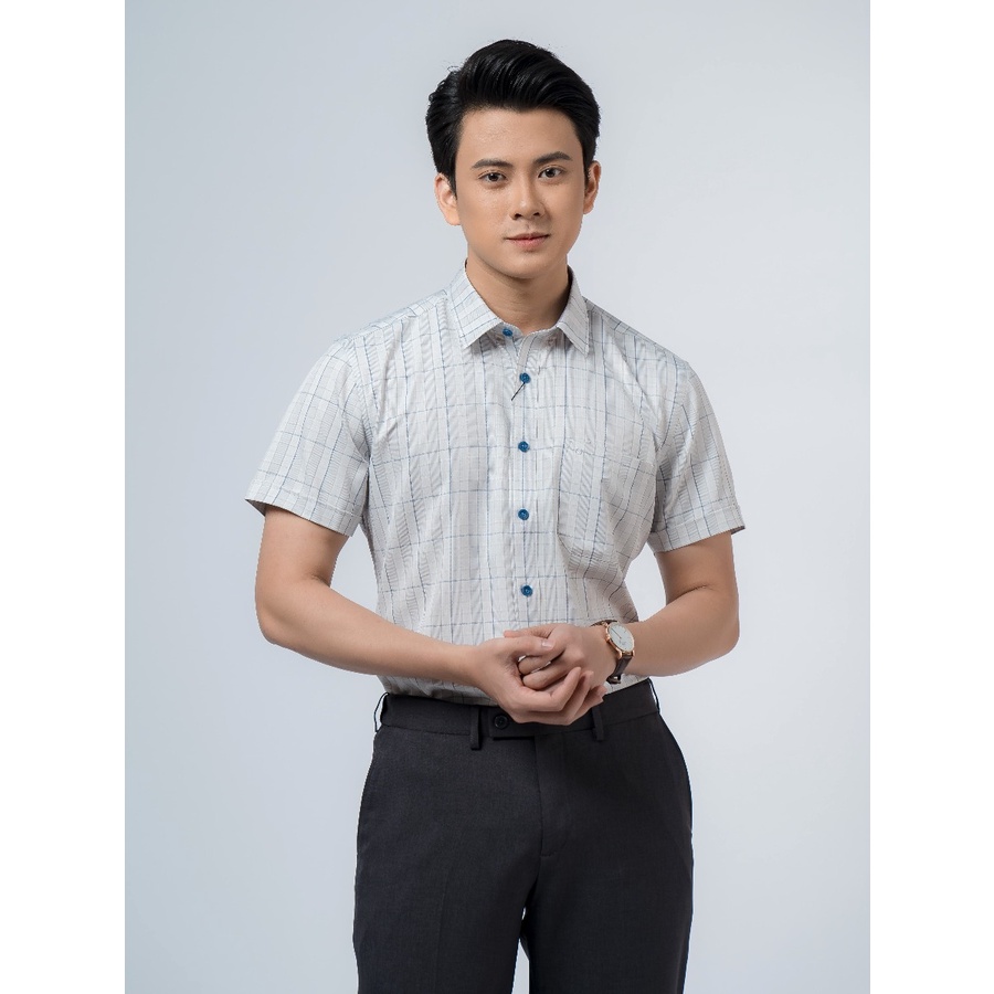 Áo Sơ Mi Nam Ngắn Tay OWEN AR220104NT Somi Công Sở Cao Cấp Màu Kẻ Caro Ghi Xanh Vải Sợi Café Dáng Suông Tà Lượn Có Túi