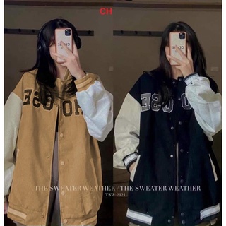 Áo khoác bomber bóng chày nhung tăm phối tay trắng choose