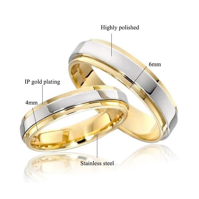 Nhẫn cưới bằng thép không gỉ mạ vàng / bạc kích thước 4mm 6mm dành cho nam và nữ