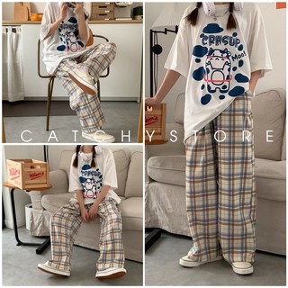 Set Bộ Unisex Hình Bò Sữa - Mix Cùng Quần Kẻ Caro Ống Rộng Dáng Suông ( Có Bán Lẻ )