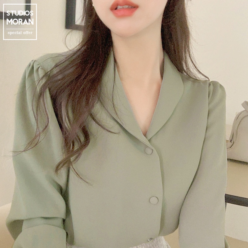 Áo sơ mi dài tay MORAN cổ bẻ cài khuy màu xanh pastel nhẹ nhàng thanh lịch style Hàn Quốc