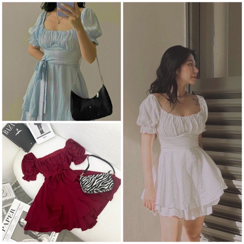 Jumpsuit trắng xếp ly ngực tay ngắn bo cột eo lưng cổ thuyền