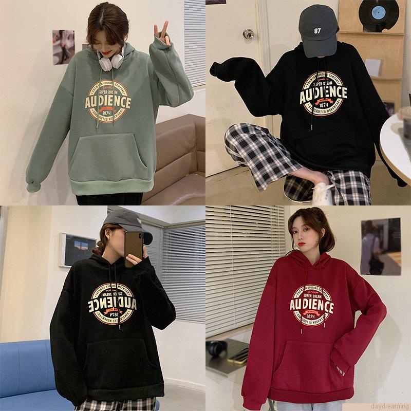 Áo hoodie tay dài dáng rộng có dây rút thời trang thu đông cho nữ
