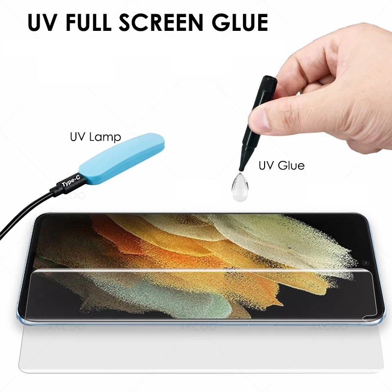 Kính cường lực keo UV bảo vệ màn hình cho Samsung Galaxy ss S22 S21 Plus Note 20 Ultra S20 S10 5G S9 10 9 Plus