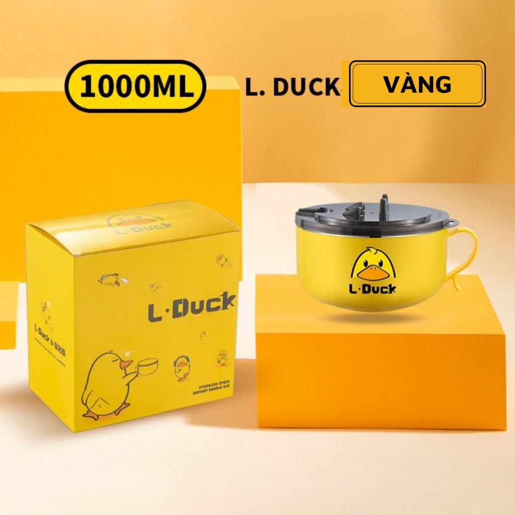 MVP2680 Bát úp mì lõi inox giữ nhiệt cao cấp 1000ml hình chú vịt vàng đáng yêu có khe rót nước tiện lợi