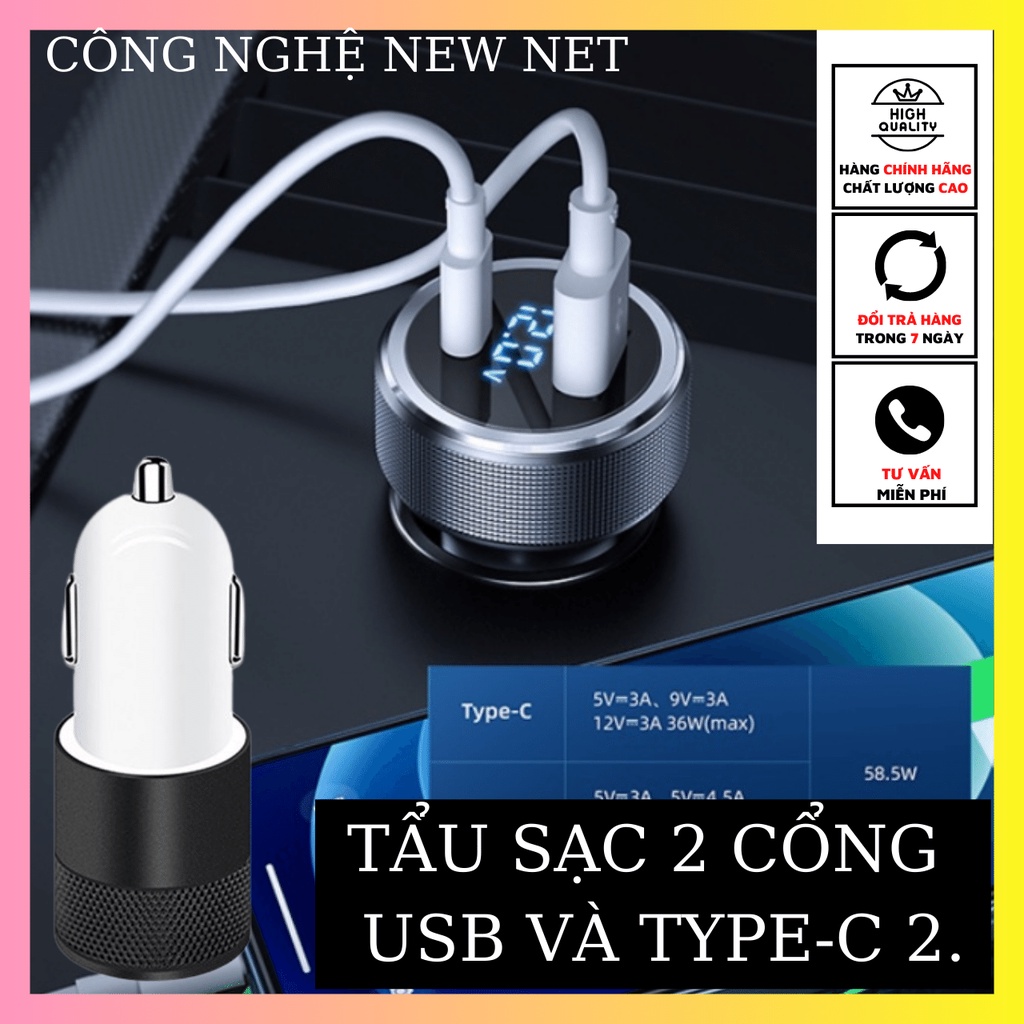 Tẩu Sạc Ô tô Siêu Nhanh 2 cổng PD và QC 3.0 5A (TS02) - Cốc Sạc Ô tô Đầu Kim Loại (Đường Kính 2.5cm)