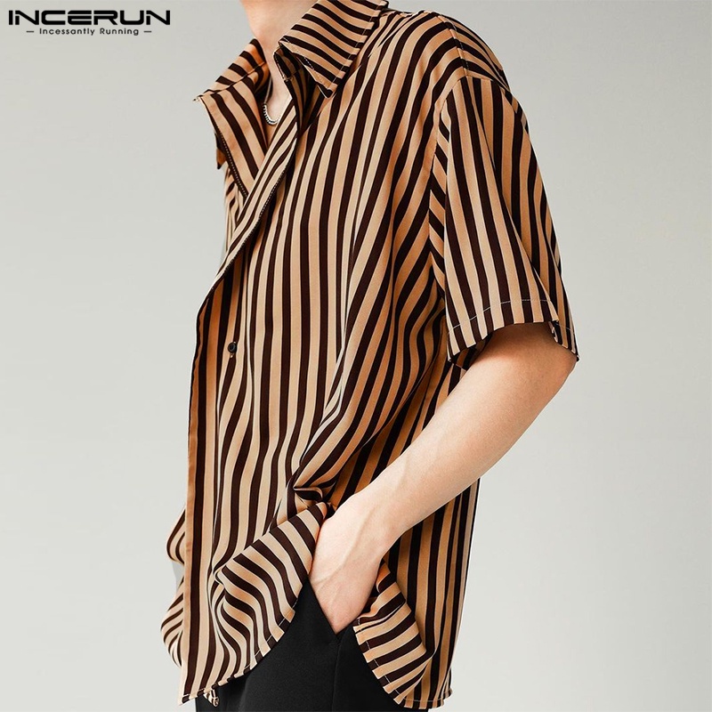 Áo sơ mi INCERUN tay ngắn cài nút họa tiết kẻ sọc phong cách Hàn Quốc trẻ trung thời trang dành cho nam