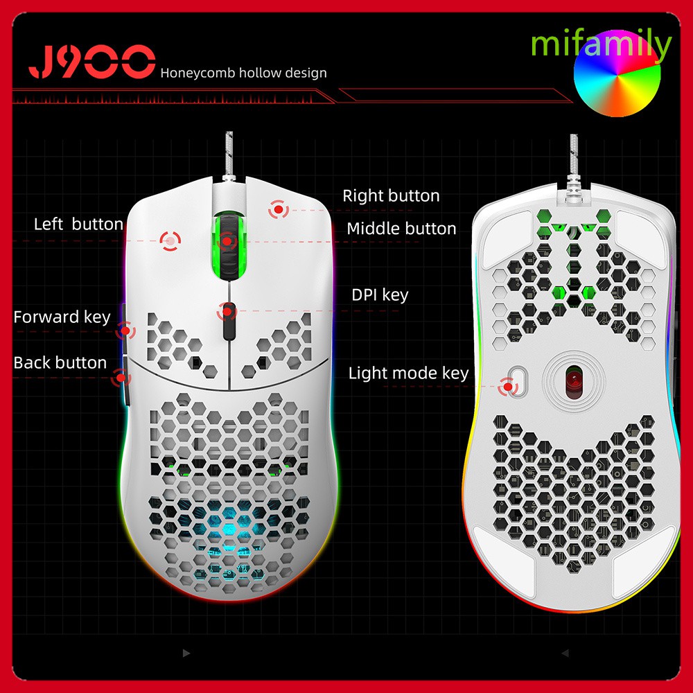 Chuột Gaming Hxsj J900 Có Dây Usb Rgb Và Đèn Led Dpi Màu Trắng Có Thể Điều Chỉnh