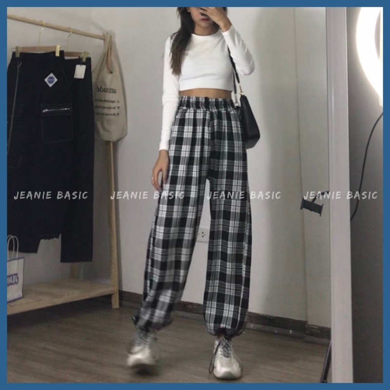 Quần KẺ CARO ống rộng hack dáng dài cạp cao ulzzang mặc 2 kiểu Quần jogger kẻ unisex