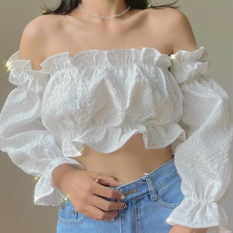 Áo trễ vai tay croptop bồng nhún bèo dễ thương A11-2 Rere.style, áo crt bẹt vai