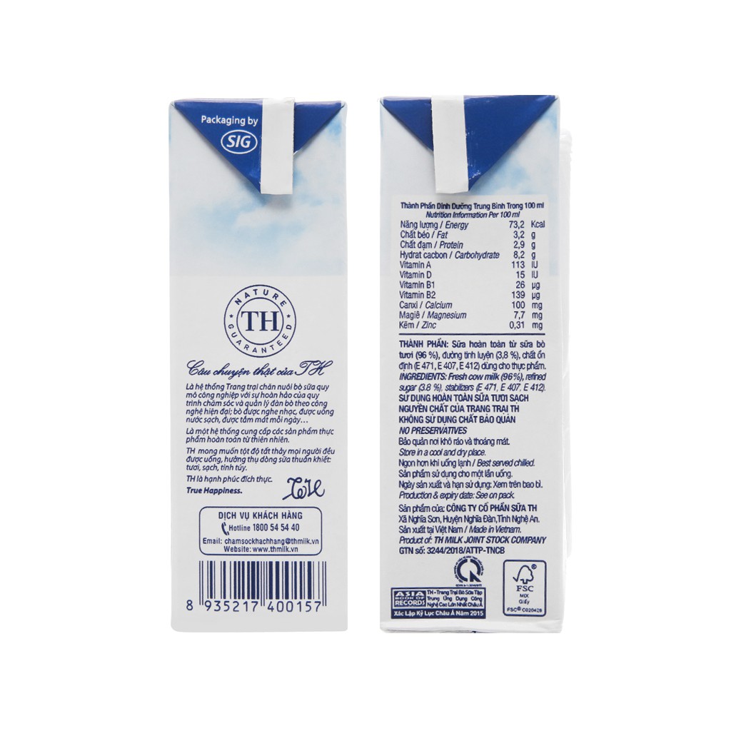 Thùng 48 hộp sữa tươi tiệt trùng có đường TH true MILK 180ml