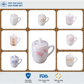 Ca trà có nắp viền vàng 22K các mẫu hoa văn thủy tinh ngọc USA Homeset cao cấp nhập khẩu chính hãng