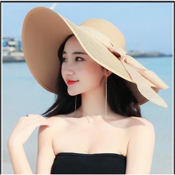 Mũ cói rộng vành, nón cói đi biển nữ vành lớn đai nơ phong cách vintage chống nắng