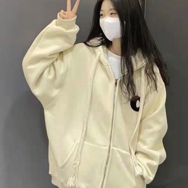 ZHELIHANGFEI Áo Khoác Tay Dài Có Nón Phối Khóa Kéo Phong Cách Nhật Bản