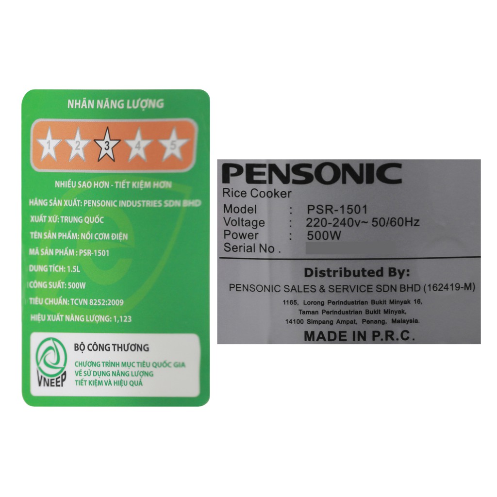 Nồi cơm điện Pensonic 1.5 lít PSR 1501