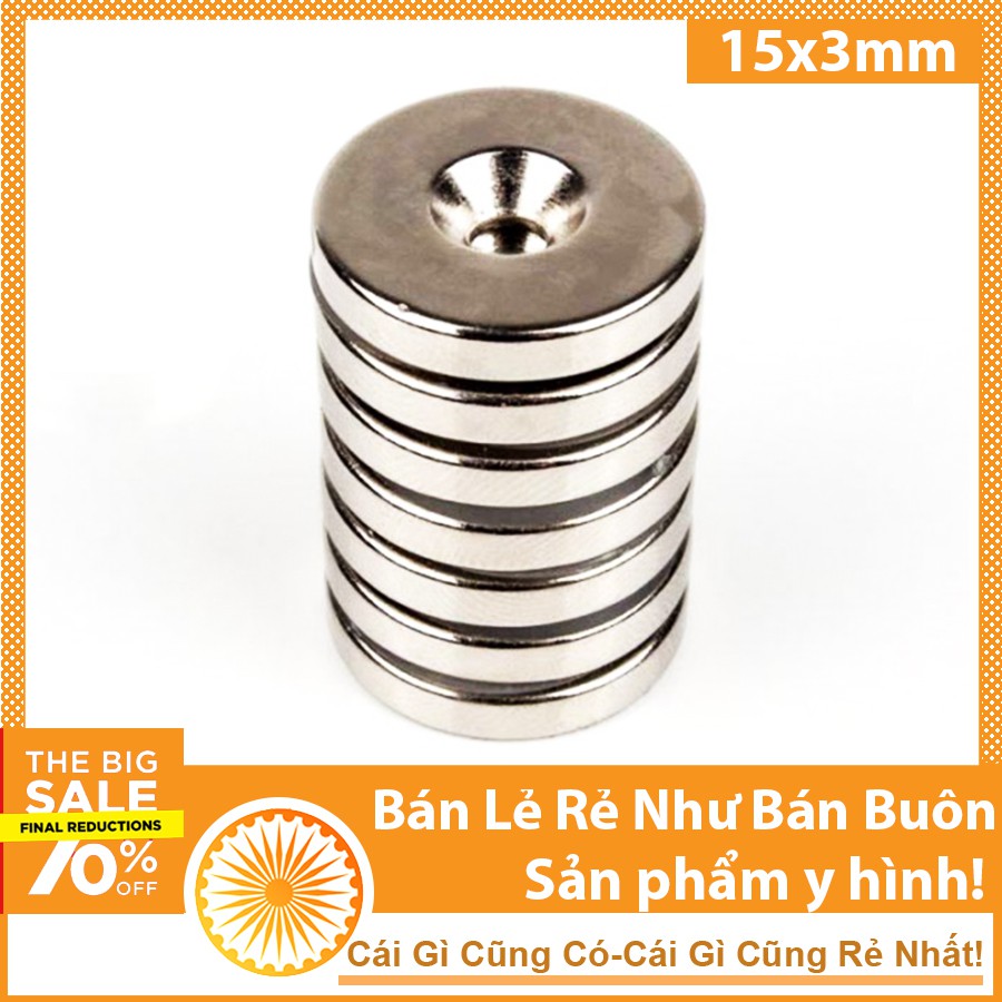 Nam châm 15x3mm lỗ 4mm viên hình tròn đất hiếm siêu mạnh