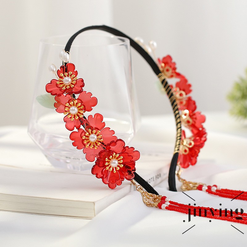 GETNOIVAS ❤S Wind Chinese Style Red Flowers Shape Hair Band Handmade Antique Hanfu Long Tassel Pendant Hanfu Retro Hair Decoration