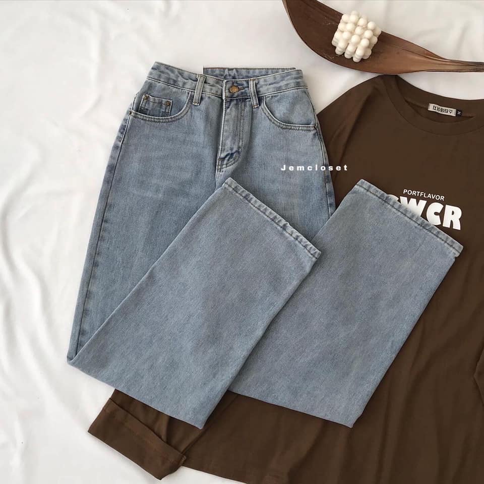 Quần Jeans Rách Gối Dáng Suông Nữ Quần Bò Xanh Trơn Cạp Cao DENIN Chất Liệu Denim Phong Cách Hàn Quốc 2779