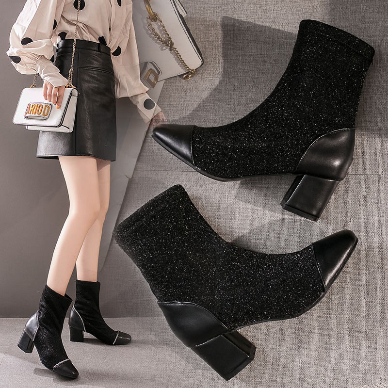 NEW Sale#Tất giày bốt nhỏ ống ngắn của phụ nữ mùa xuân và thu năm 2021 cao gót dệt kim dày đông đàn hồi mỏng khởi . ! *