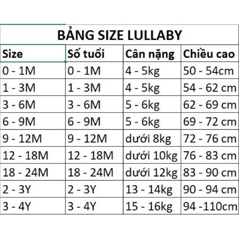 {Nhùn nhùn}Bộ Lullaby dài tay cài vai chất petit đủ size 6-9m đến 4y (màu như hình)