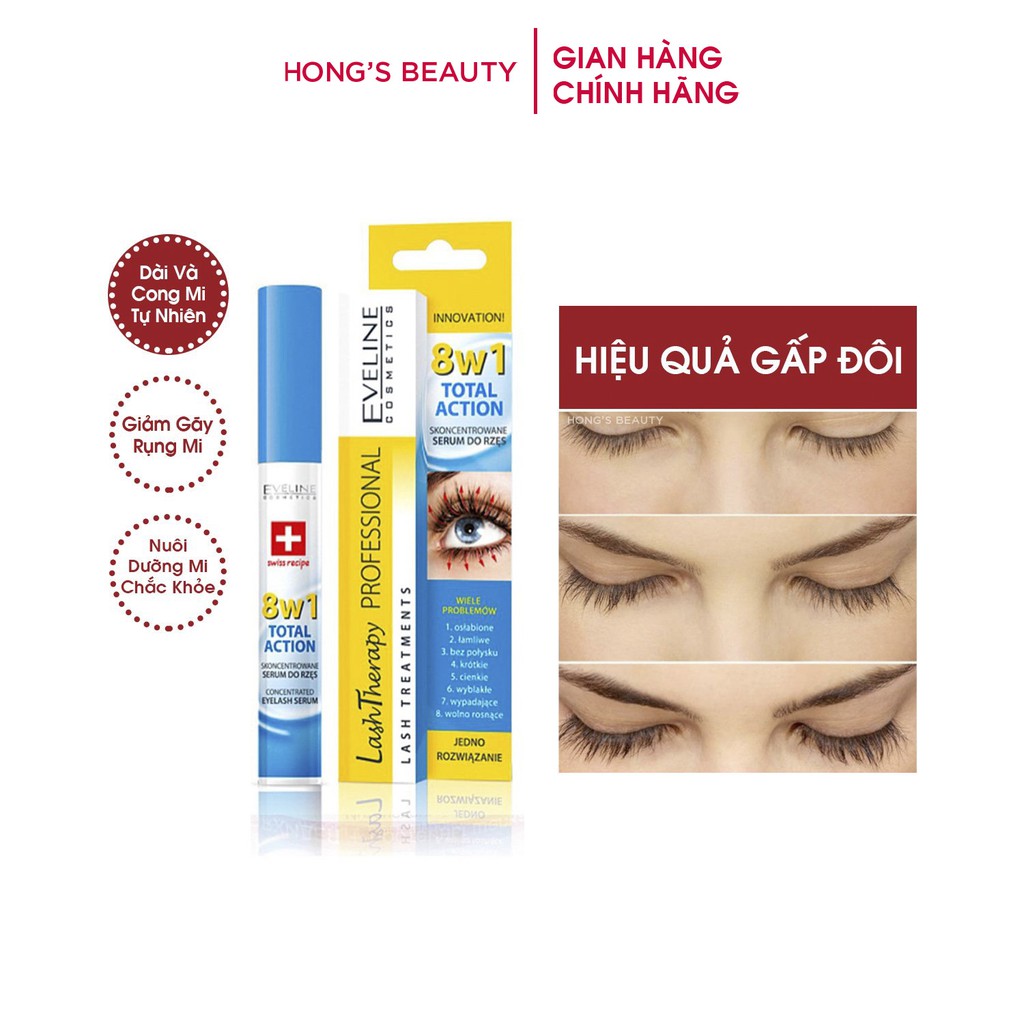 Dưỡng dài mi EVELINE 8 IN 1 Total Action Huyết thanh làm dày và dài mi nhanh dạng Mascara - HONGS KOREA