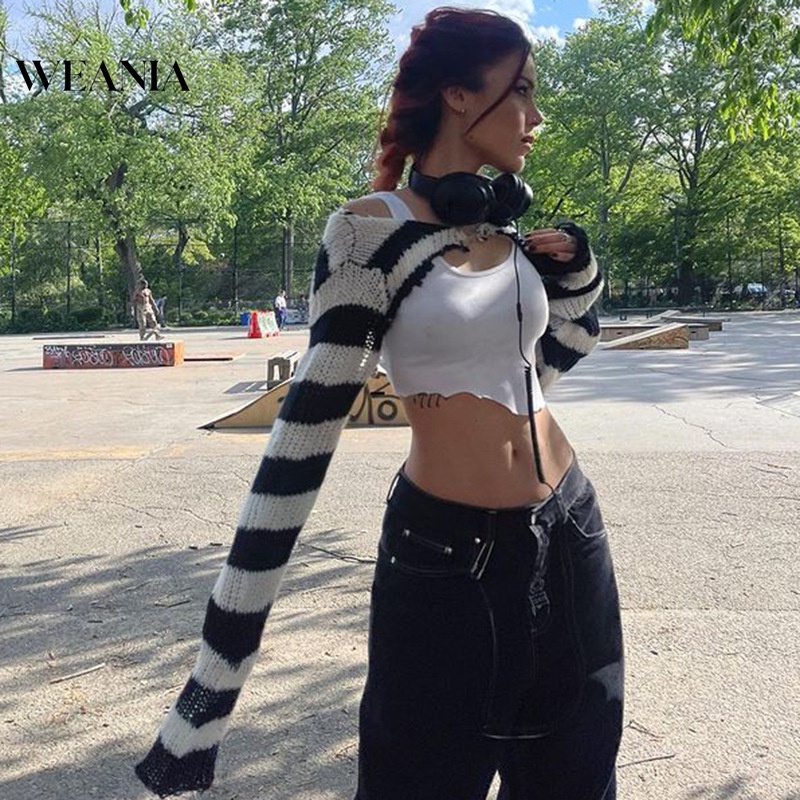 Áo Dệt Kim Dáng Ngắn Họa Tiết Kẻ Sọc Thời Trang Mùa Thu