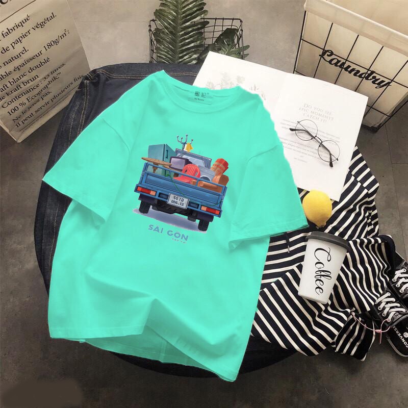 Áo thun Cotton Unisex - Việt Nam - Sài gòn - Bộ thiết kế sài gòn sau lưng: xe ba gác