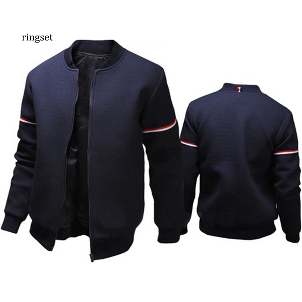 RNSE Men Outdoor Sports Striped Long Sleeve Zipper Bomber Jacket Windbreaker Coat