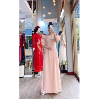 Áo dài màu nu💥FREESHIP💥áo cổ kiềng đính ngọc, tay bo bồng trẻ trung