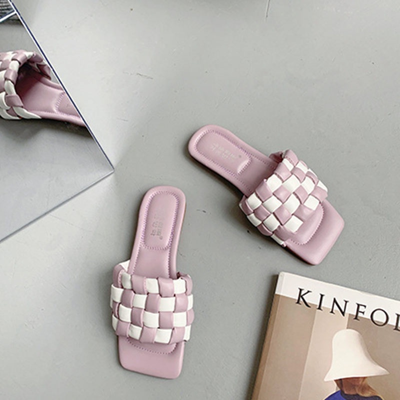 Dép Sandal Đế Bệt Mũi Vuông Họa Tiết Ca Rô Thời Trang Hàn Quốc Dành Cho Nữ