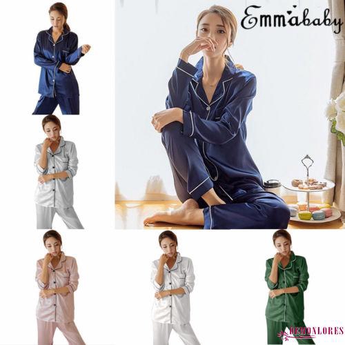 Set áo quần ngủ dài vải phi bóng thời trang nữ