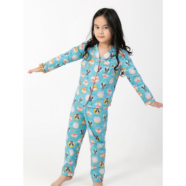 Pijama cho bé gái áo dài quàn dài màu xanh hình các con vật
