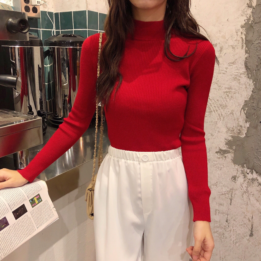 Áo kiểu PURE CUBE len dệt kim cổ cao màu trơn phong cách Hàn Quốc thời trang dành cho nữ