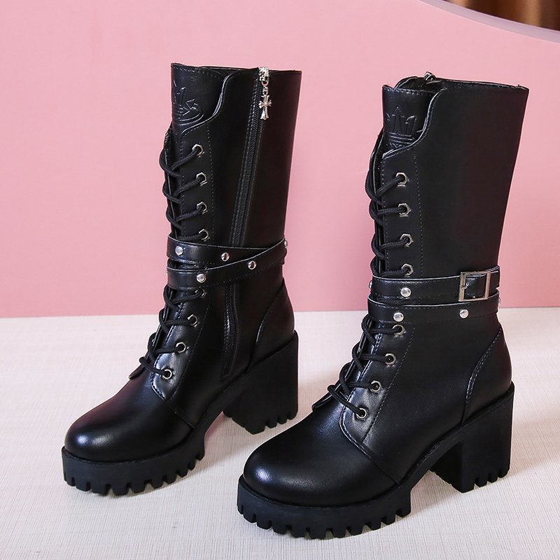 Giày bốt cao gót thời trang nữ đi xe máy màu đen ngầu có dây kéo tiện dụng