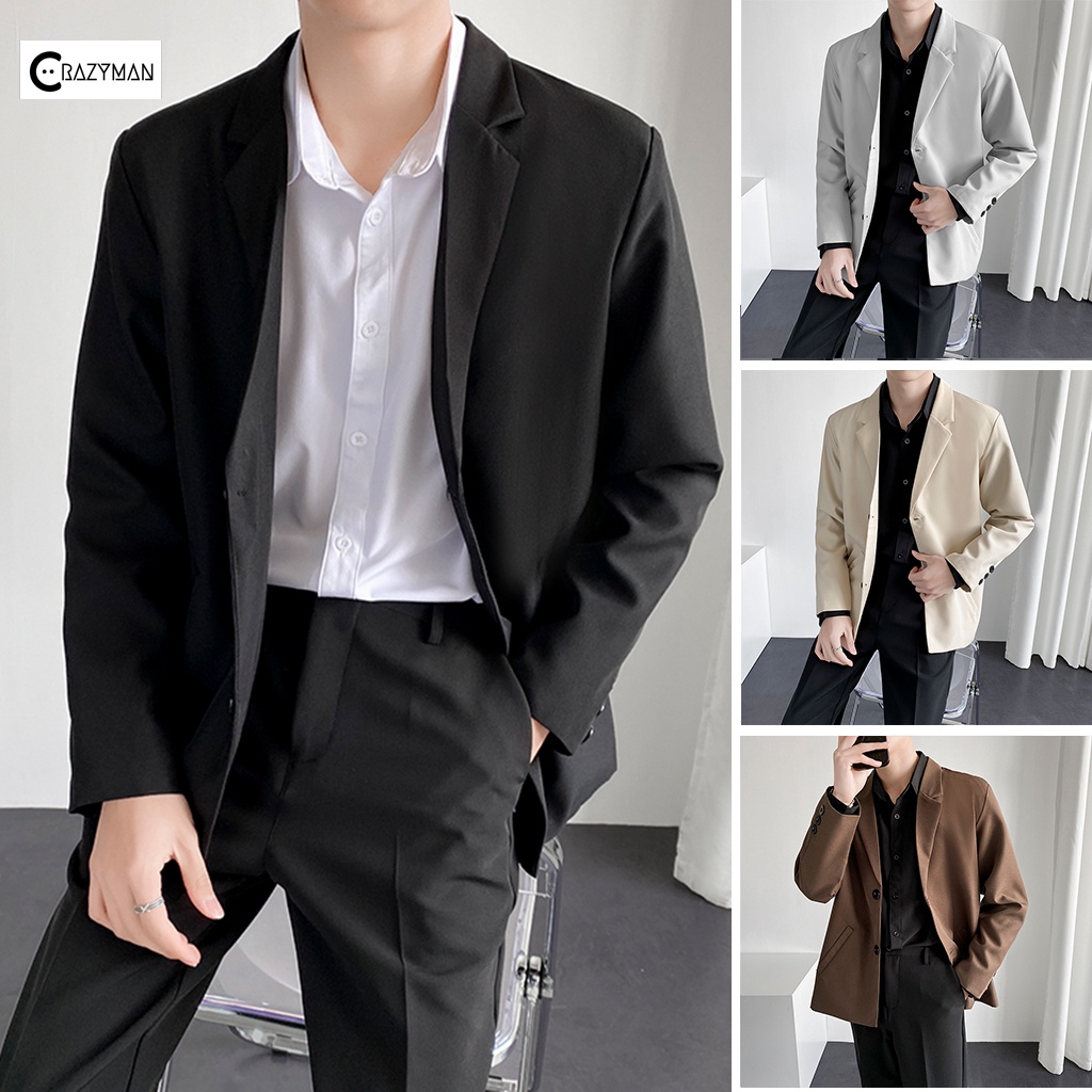 Áo blazer nam form rộng, Áo khoác blazer nam dài tay dáng unisex màu đen nâu phong cách Hàn Quốc