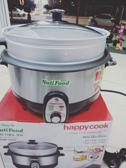 Lẩu điện đa năng nắp kính có xửng hấp Happy Cook HCHP-350ST 1300W 3.5L (Bạc) Hàng quà tặng từ sữa Nutifood