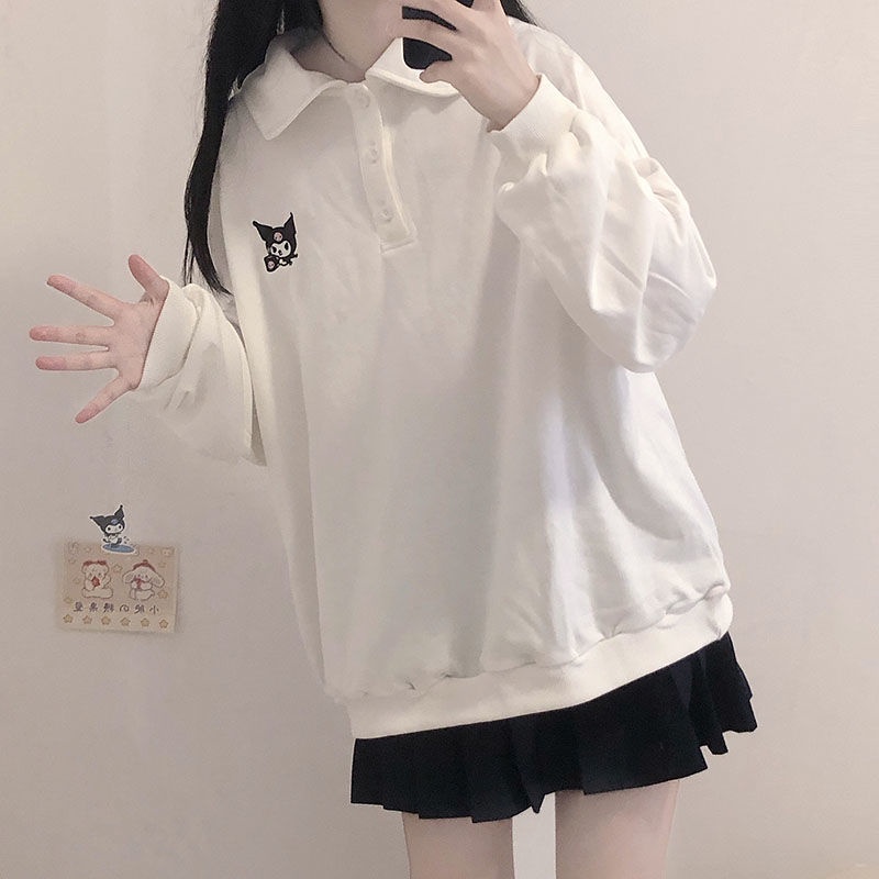 ❣Áo Thun POLO Kuromi❣Áo Thun Sweater Cổ polo Tay Dài Dáng Rộng Mềm Mại Màu Trắng/Xanh Dương Phong Cách Nhật Bản Dễ Thương Thời Trang Mùa Thu Cho Bạn Gái