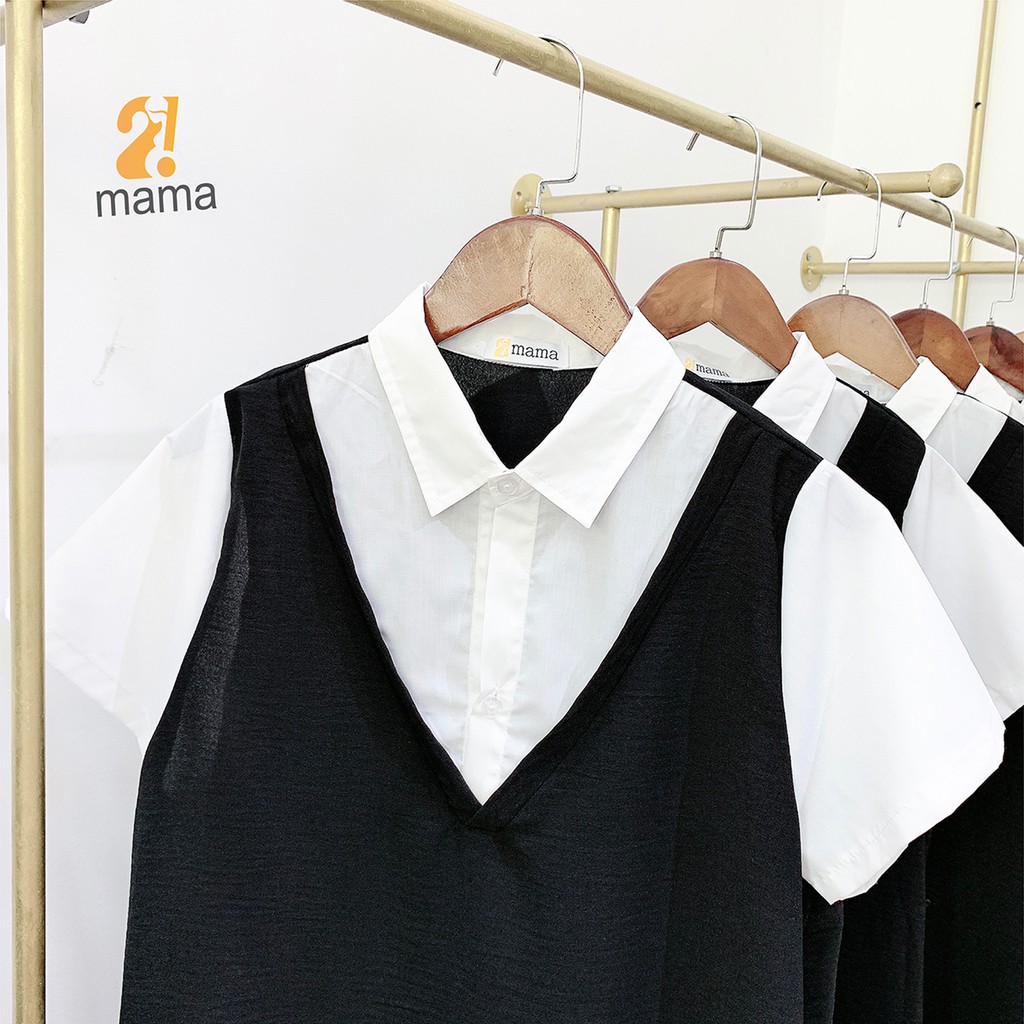 [Mã BMBAU50 giảm 7% đơn 99K] Váy bầu thiết kế công sở dự tiệc mùa hè 2MAMA suông sơ mi pha màu đen trắng V44