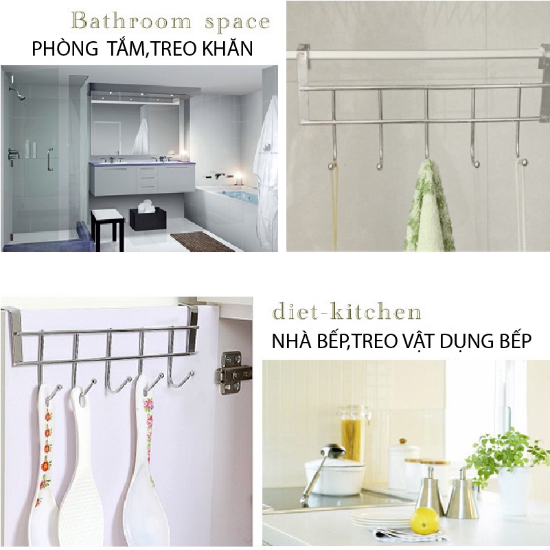Móc Treo Quần Áo Đồ Sau Cửa Tủ 5 Móc Chấu Nhỏ Bằng Inox Chắc Chắn Có Đầu Bo Tròn Không Rách Quần Áo Không Khoan Tường