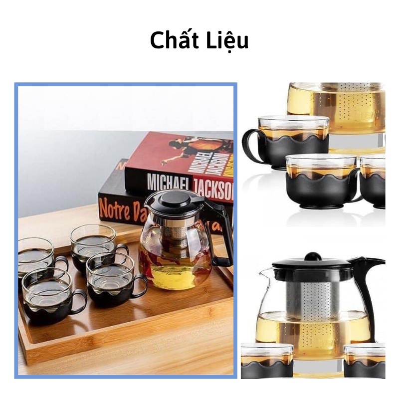 Bộ ấm trà thủy tinh có lõi lọc lưới inox 4 chén pha trà cafe ngâm rượu hoa quả Xiaomimi D2.006