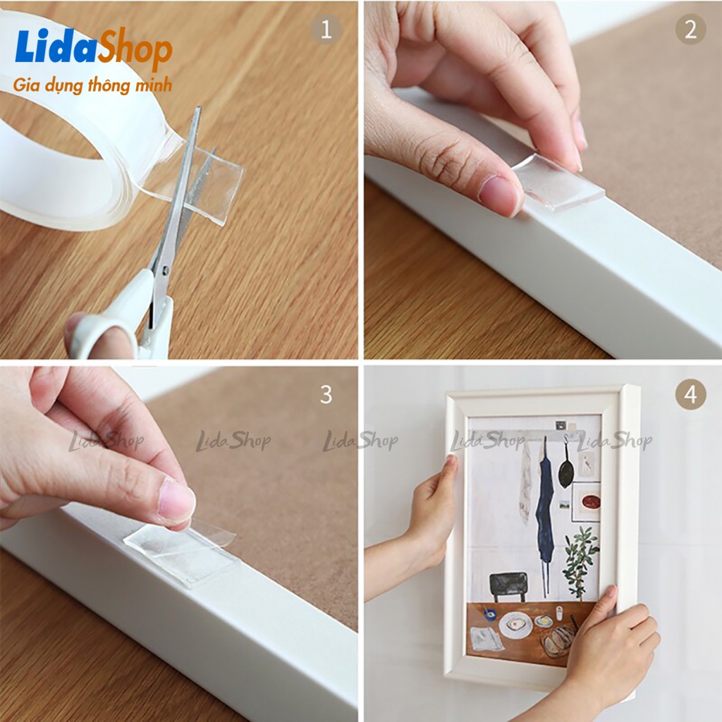 Cuộn băng keo 2 mặt siêu dính LidaShop , băng keo dẻo trong 2 mặt dán tranh gương dán tường ốp đá gạch men
