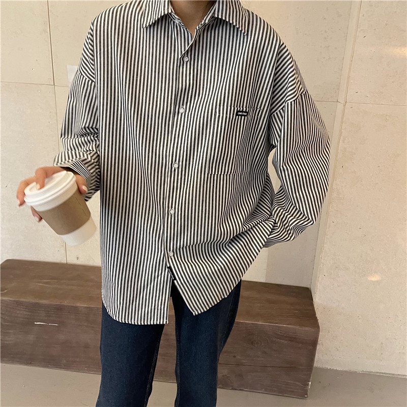 Áo sơ mi SUXI tay dài dáng rộng họa tiết kẻ sọc dễ phối đồ phong cách Hàn Quốc thời trang dành cho nữ