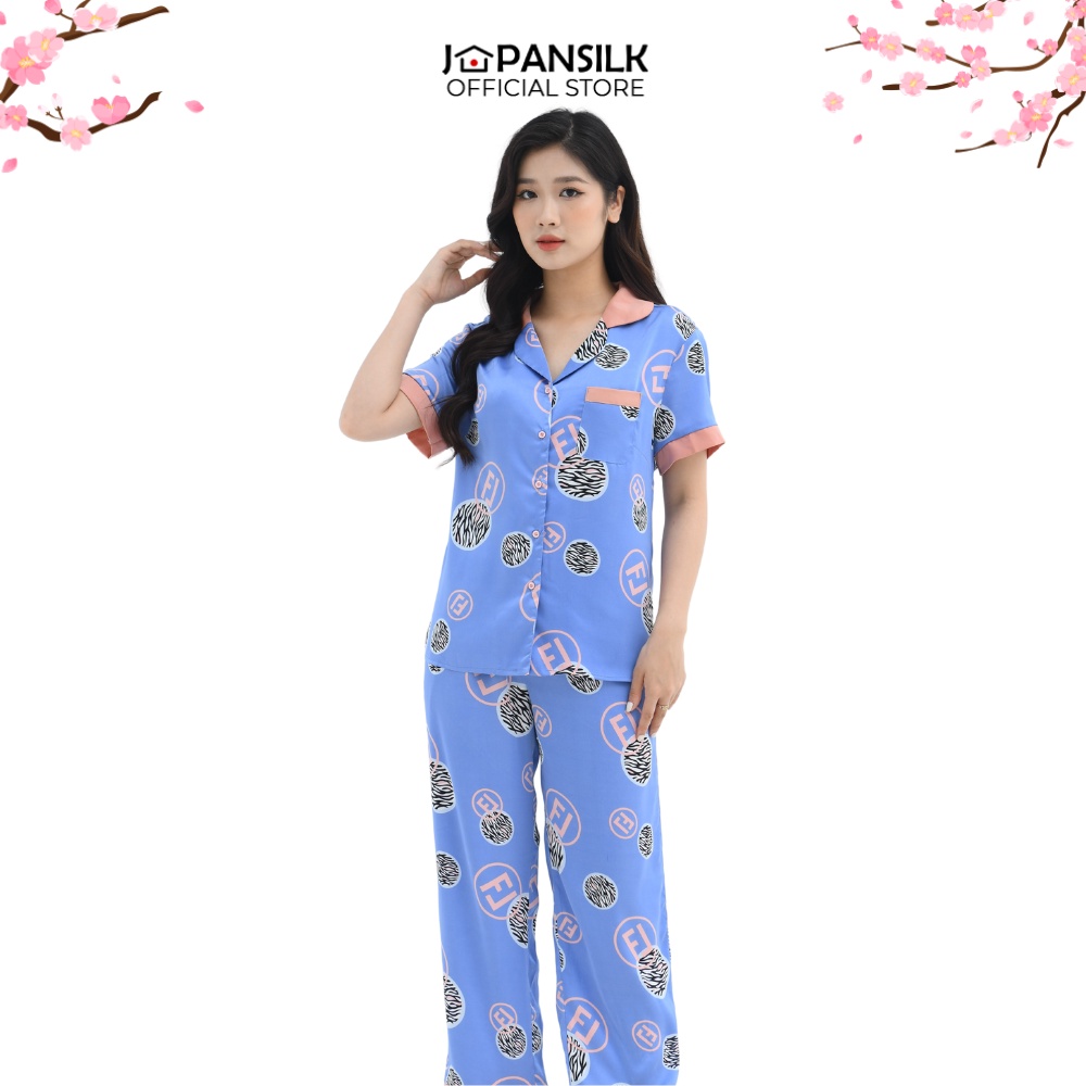 Bộ đồ ngủ Bigsize Pijama lụa Nhật cao cấp JAPANSILK, ngắn tay quần dài họa tiết chữ FL viền màu cam CD072
