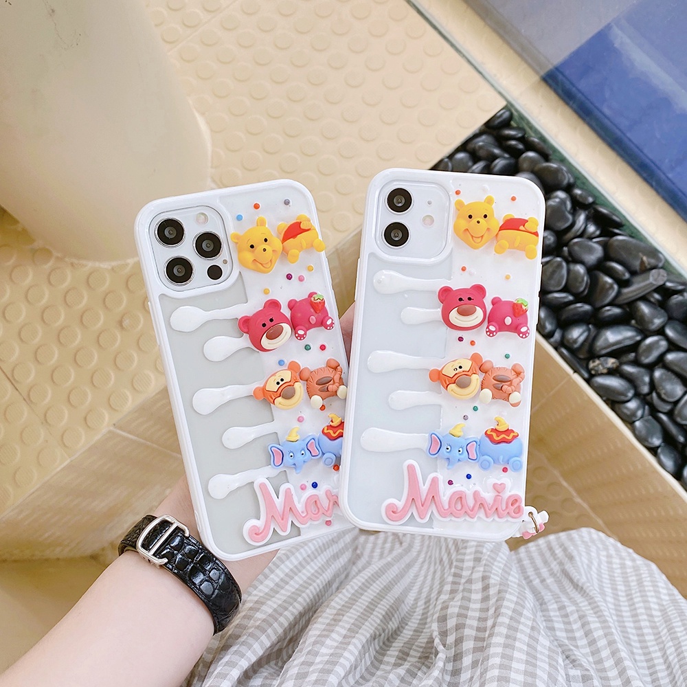 Ốp điện thoại TPU dẻo gắn mặt hình gấu Pooh 3D thích hợp cho iPhone 13 11 12 Pro Max Xs Max Xr 7 8 Plus
