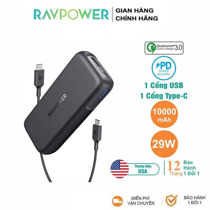 Sạc Dự Phòng RAVPower 10000mAh In/Out Type-C QC 3.0 + PD 29W (RP-PB186)