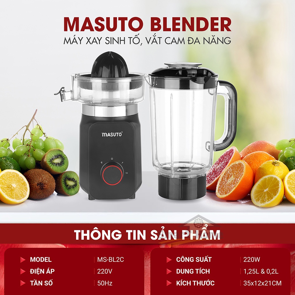 Máy Xay Sinh Tố MASUTO BLENDER 1.2L - Máy Vắt Cam 0.2L Siêu Nhanh, Xay Nhuyễn Mịn Chỉ Trong 10s - Hàng Chính Hãng