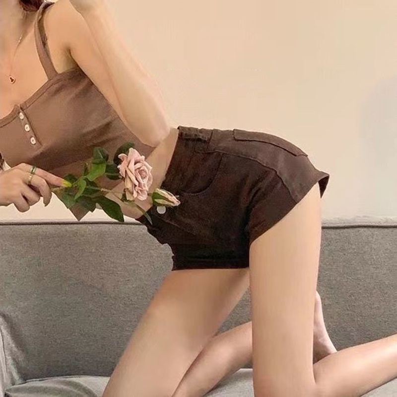 Quần ngắn IELGY denim mỏng nâng mông màu nâu dễ phối đồ cho nữ